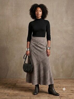 VTG Cami Suede 100% Leather Patchwork Maxi Skirt Gray Taupe A-Line Flare | 14